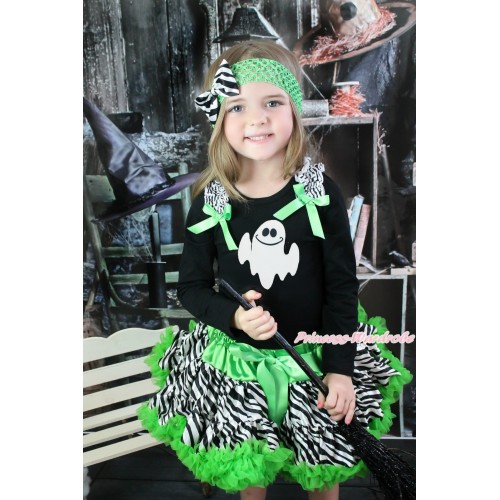  Halloween Black Long Sleeve Top Zebra Ruffles Dark Green Bow & White Ghost & Dark Green Zebra Pettiskirt MW550